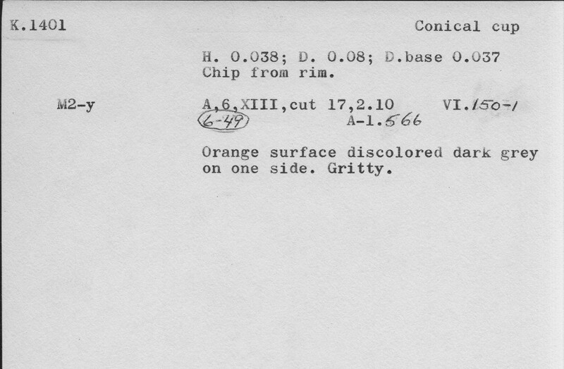 Index card with typed and handwritten information, sometimes including a sketch, of pottery from an excavation.