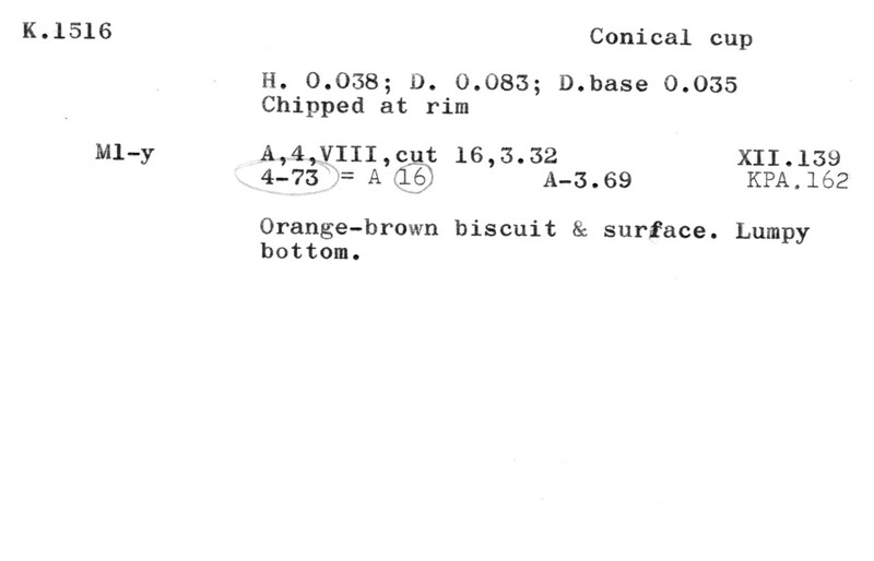 Index card with typed and handwritten information, sometimes including a sketch, of pottery from an excavation.