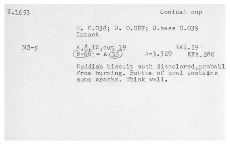Index card with typed and handwritten information, sometimes including a sketch, of pottery from an excavation.