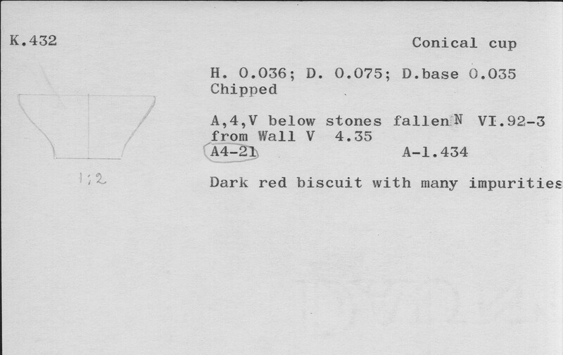 Index card with typed and handwritten information, sometimes including a sketch, of pottery from an excavation.