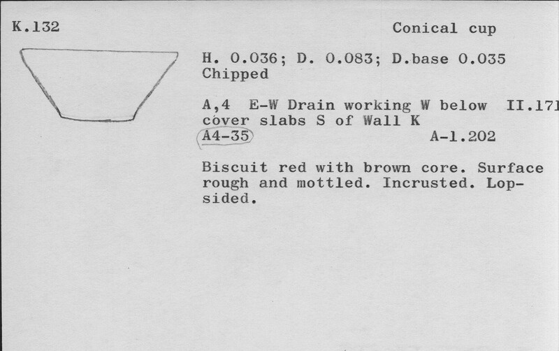 Index card with typed and handwritten information, sometimes including a sketch, of pottery from an excavation.