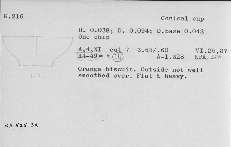 Index card with typed and handwritten information, sometimes including a sketch, of pottery from an excavation.