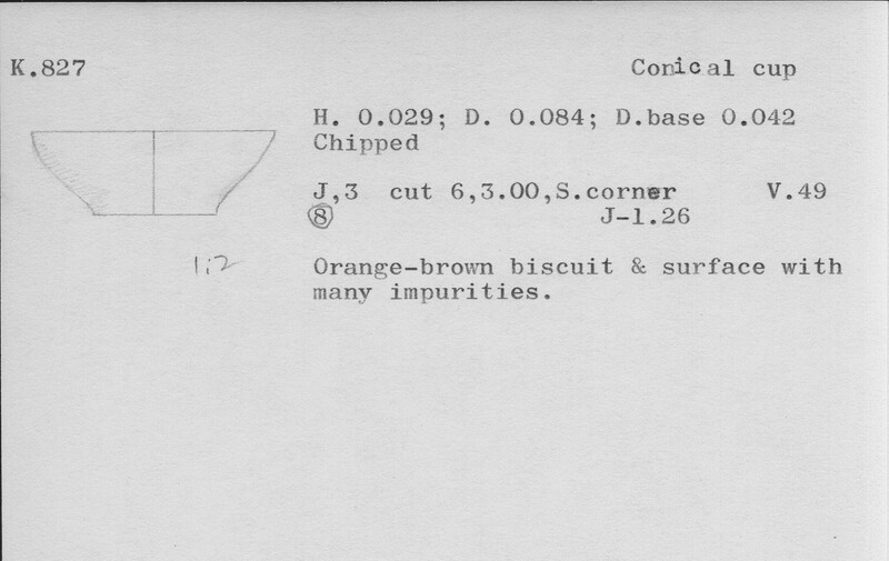 Index card with typed and handwritten information, sometimes including a sketch, of pottery from an excavation.