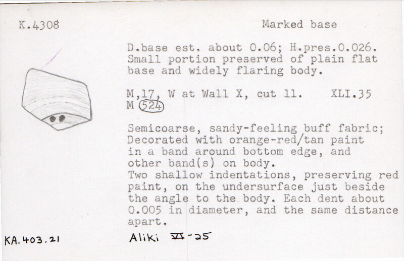 Index card with typed and handwritten information, sometimes including a sketch, of pottery from an excavation.