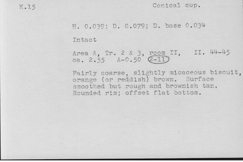 Index card with typed and handwritten information, sometimes including a sketch, of pottery from an excavation.