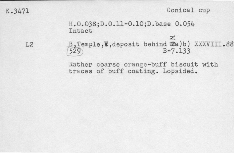 Index card with typed and handwritten information, sometimes including a sketch, of pottery from an excavation.