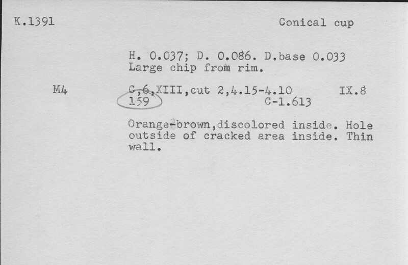 Index card with typed and handwritten information, sometimes including a sketch, of pottery from an excavation.