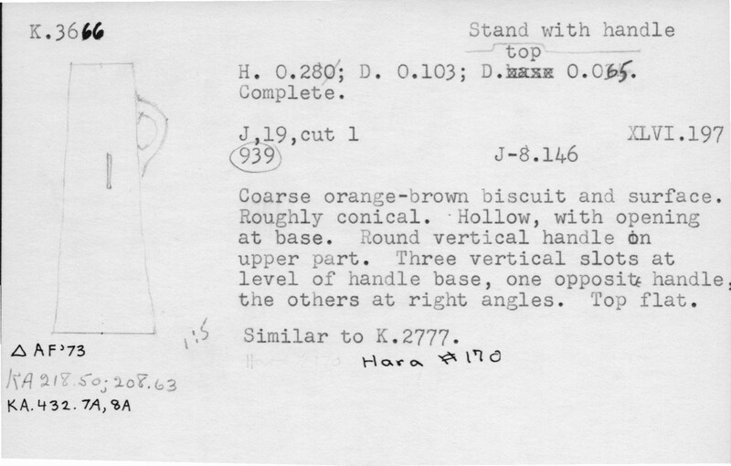 Index card with typed and handwritten information, sometimes including a sketch, of pottery from an excavation.