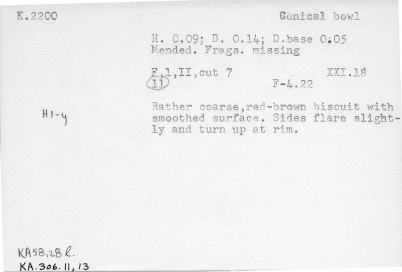 Index card with typed and handwritten information, sometimes including a sketch, of pottery from an excavation.