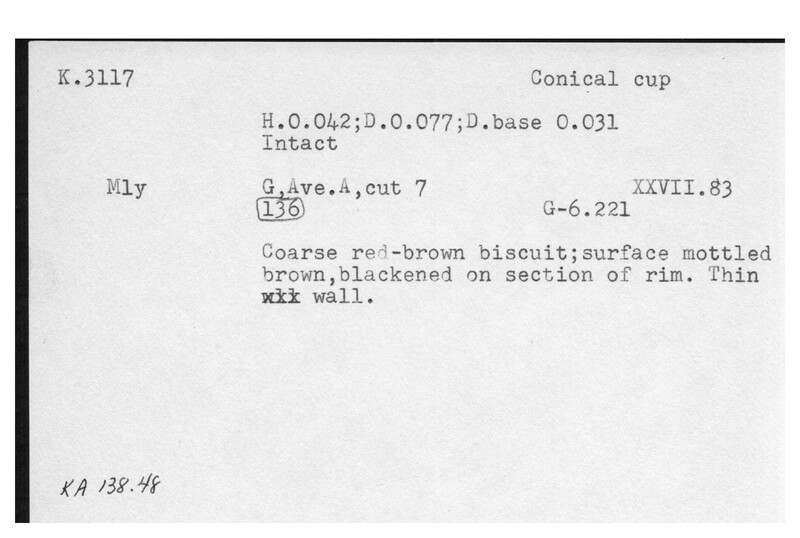 Index card with typed and handwritten information, sometimes including a sketch, of pottery from an excavation.