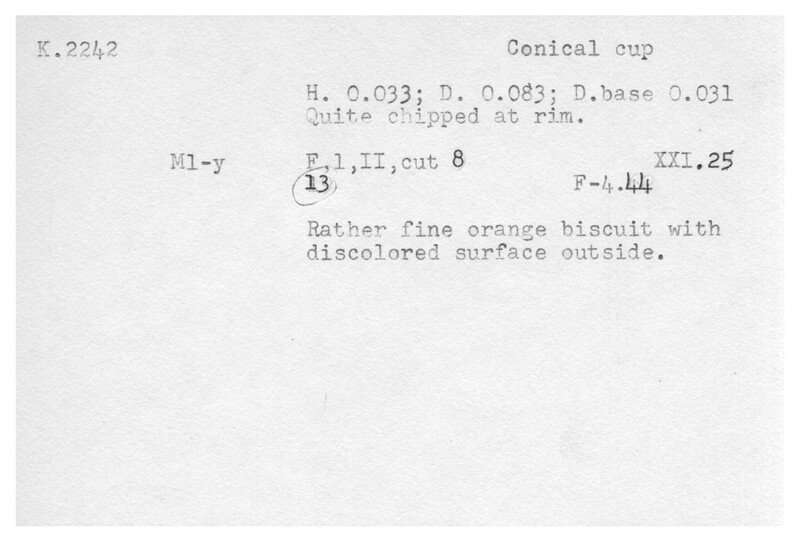 Index card with typed and handwritten information, sometimes including a sketch, of pottery from an excavation.