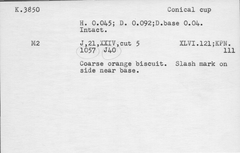 Index card with typed and handwritten information, sometimes including a sketch, of pottery from an excavation.