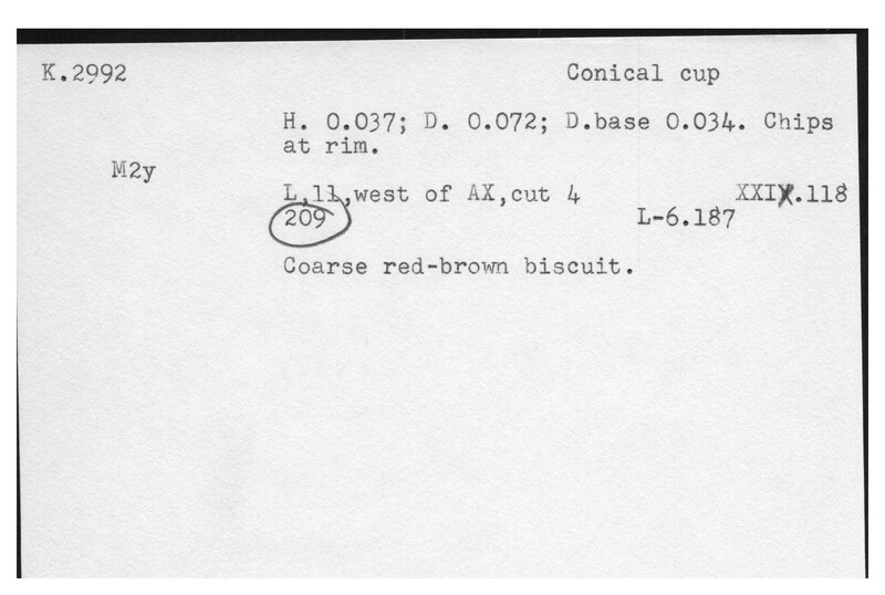 Index card with typed and handwritten information, sometimes including a sketch, of pottery from an excavation.