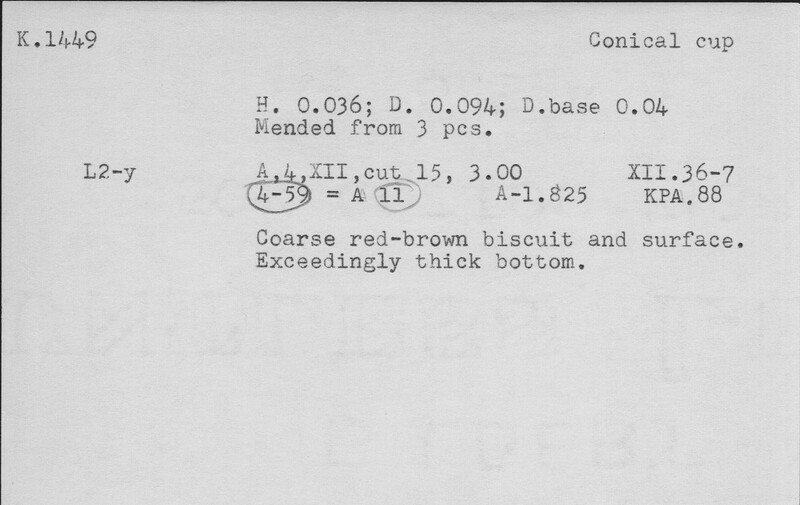 Index card with typed and handwritten information, sometimes including a sketch, of pottery from an excavation.