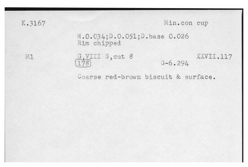 Index card with typed and handwritten information, sometimes including a sketch, of pottery from an excavation.