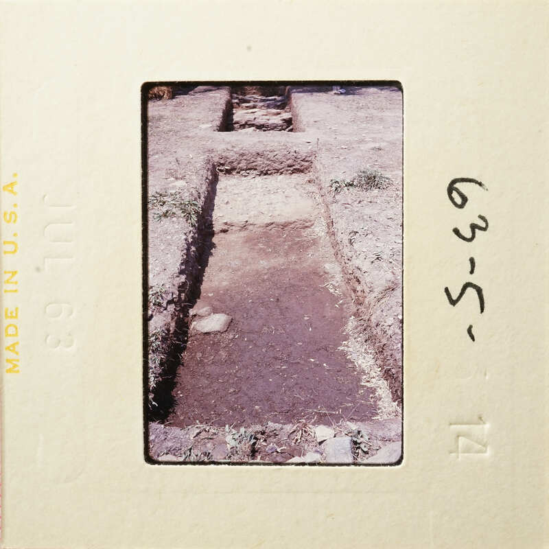 Old photograph showing a dirt path with vegetation and rocks, possibly an archaeological site.