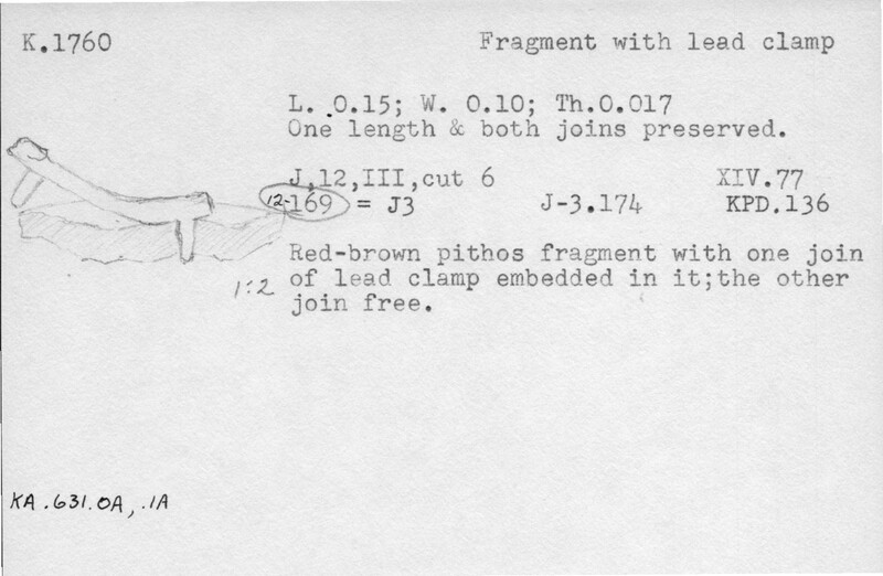 Index card with typed and handwritten information, sometimes including a sketch, of pottery from an excavation.