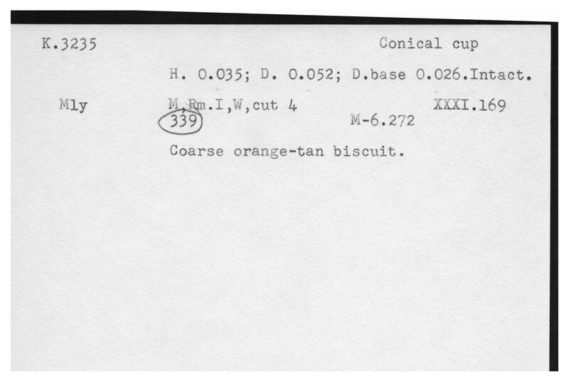 Index card with typed and handwritten information, sometimes including a sketch, of pottery from an excavation.