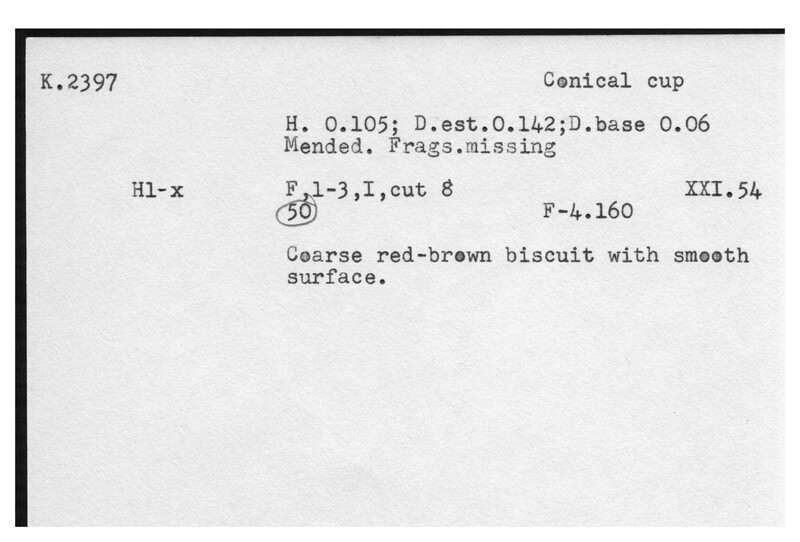 Index card with typed and handwritten information, sometimes including a sketch, of pottery from an excavation.
