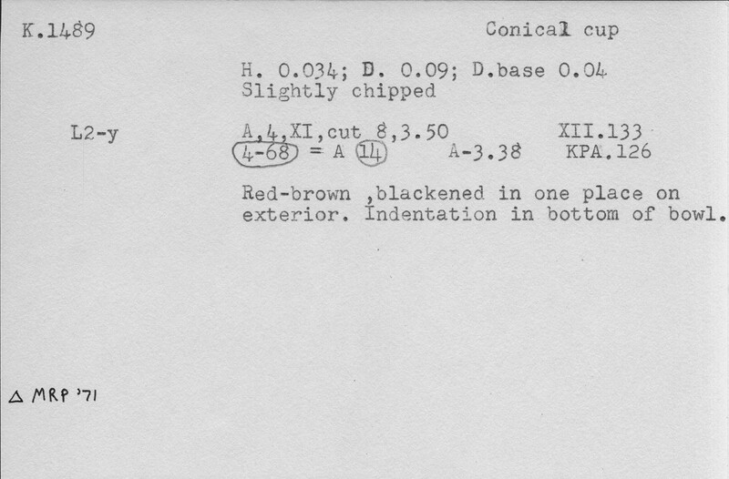 Index card with typed and handwritten information, sometimes including a sketch, of pottery from an excavation.