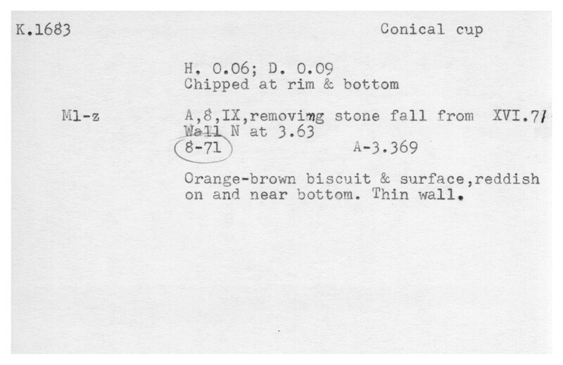 Index card with typed and handwritten information, sometimes including a sketch, of pottery from an excavation.