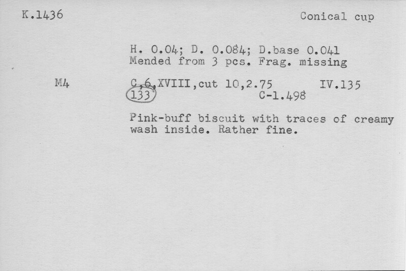 Index card with typed and handwritten information, sometimes including a sketch, of pottery from an excavation.
