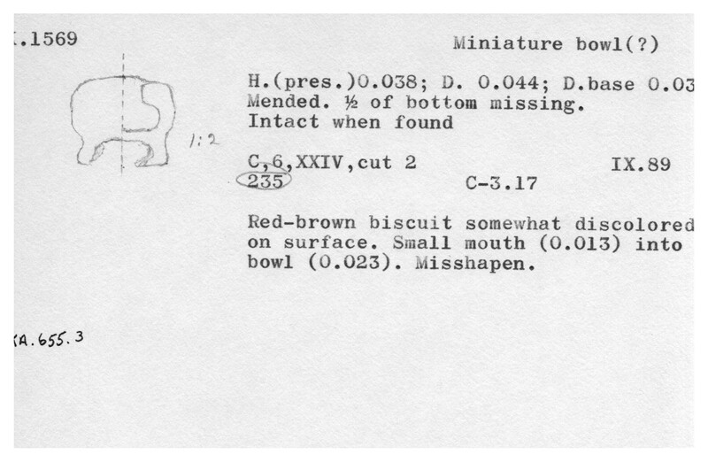 Index card with typed and handwritten information, sometimes including a sketch, of pottery from an excavation.