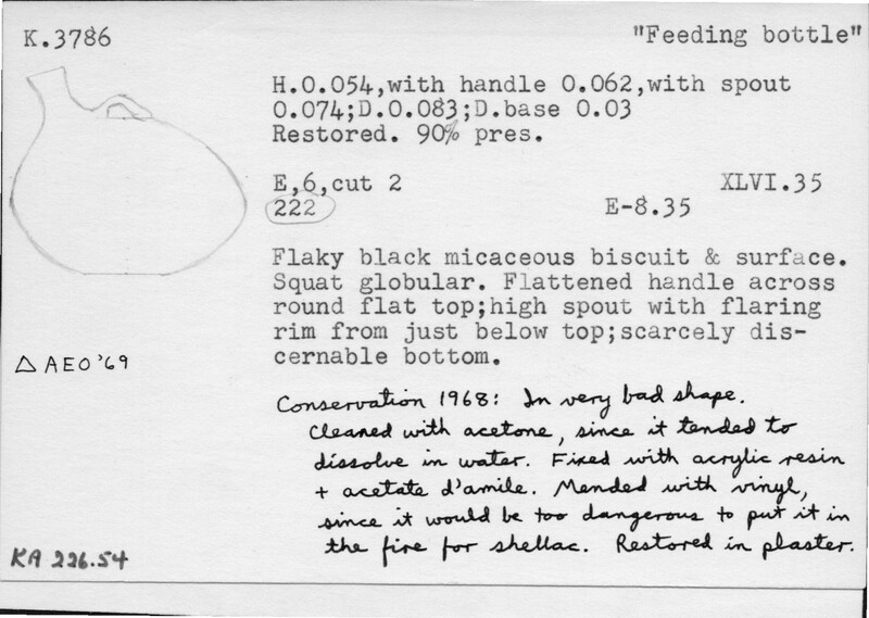 Index card with typed and handwritten information, sometimes including a sketch, of pottery from an excavation.