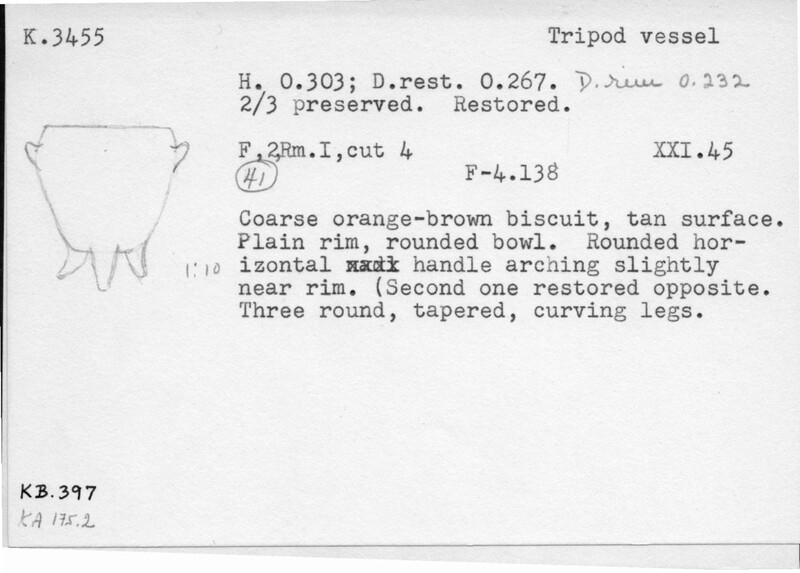 Index card with typed and handwritten information, sometimes including a sketch, of pottery from an excavation.