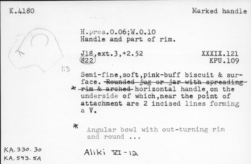 Index card with typed and handwritten information, sometimes including a sketch, of pottery from an excavation.