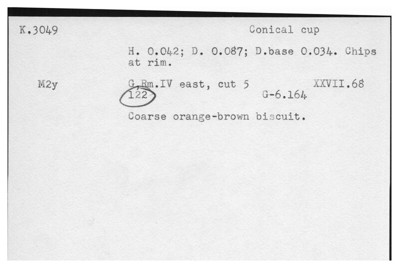 Index card with typed and handwritten information, sometimes including a sketch, of pottery from an excavation.