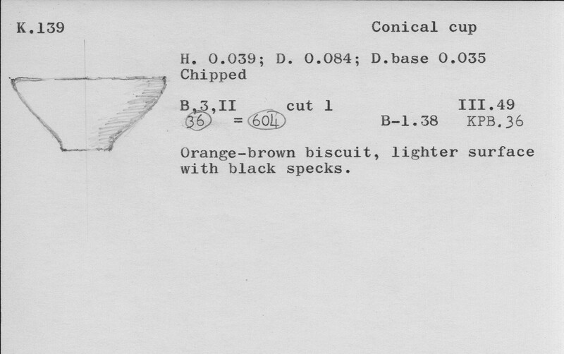 Index card with typed and handwritten information, sometimes including a sketch, of pottery from an excavation.