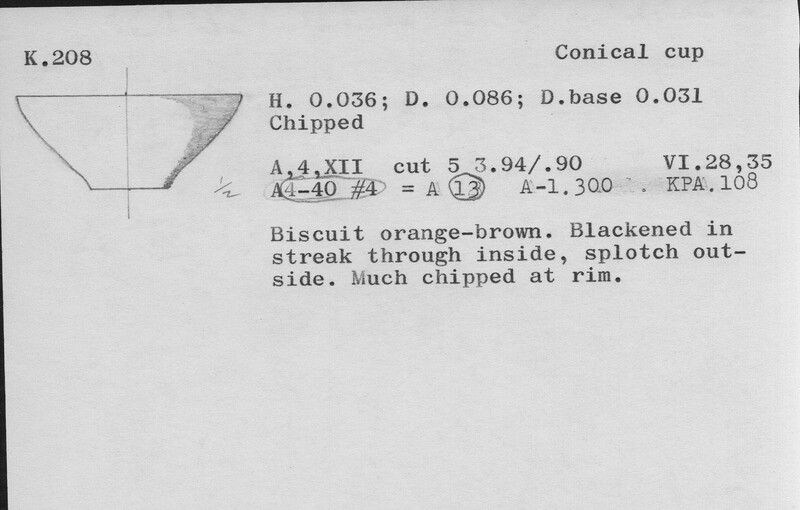 Index card with typed and handwritten information, sometimes including a sketch, of pottery from an excavation.