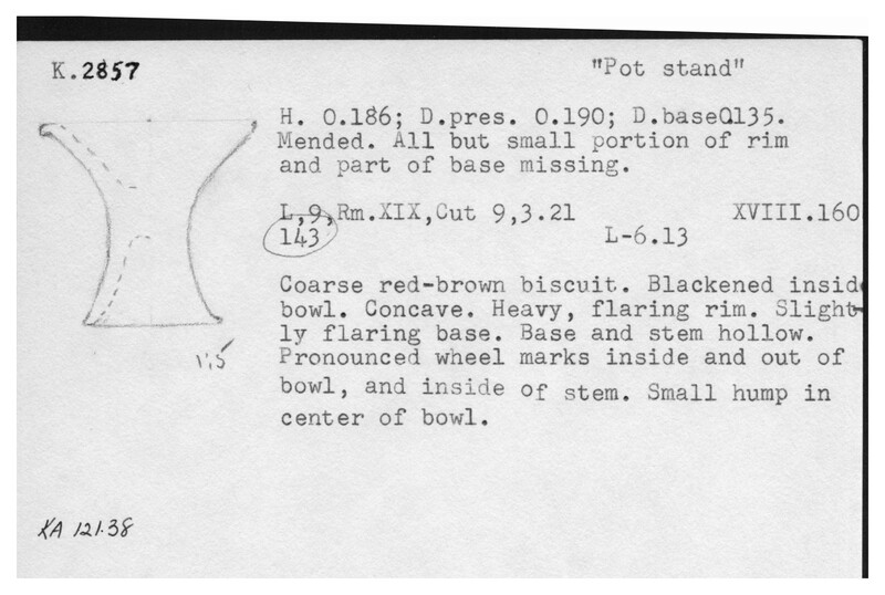 Index card with typed and handwritten information, sometimes including a sketch, of pottery from an excavation.