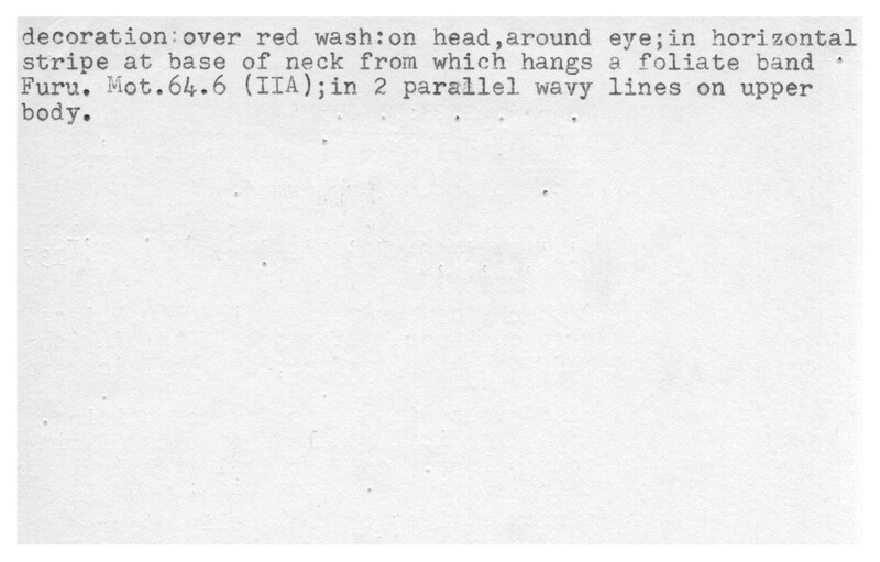 Index card with typed and handwritten information, sometimes including a sketch, of pottery from an excavation.