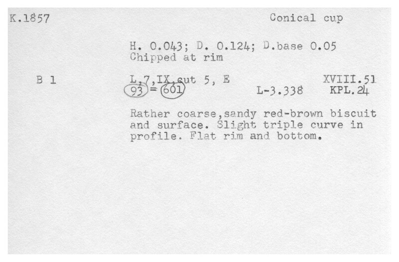 Index card with typed and handwritten information, sometimes including a sketch, of pottery from an excavation.