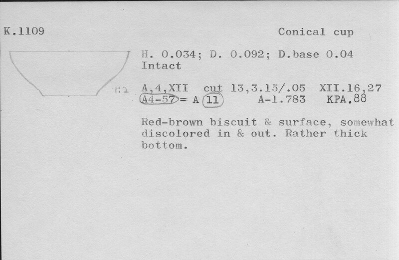 Index card with typed and handwritten information, sometimes including a sketch, of pottery from an excavation.