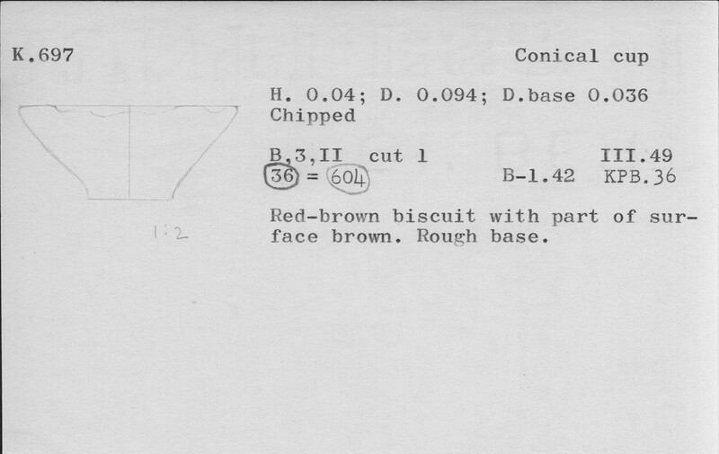 Index card with typed and handwritten information, sometimes including a sketch, of pottery from an excavation.
