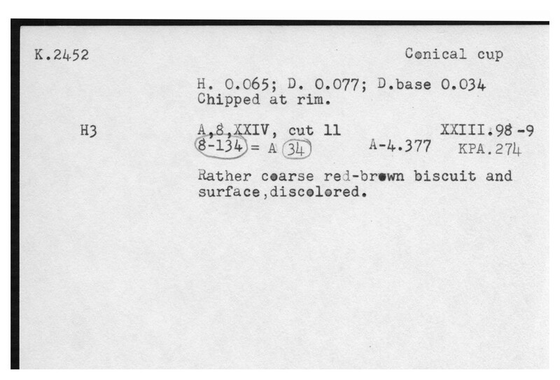 Index card with typed and handwritten information, sometimes including a sketch, of pottery from an excavation.