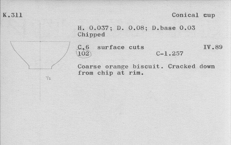 Index card with typed and handwritten information, sometimes including a sketch, of pottery from an excavation.