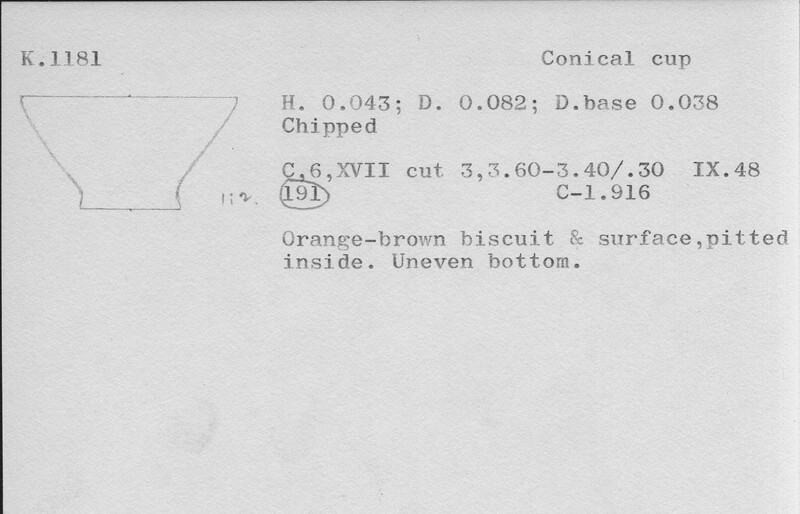 Index card with typed and handwritten information, sometimes including a sketch, of pottery from an excavation.