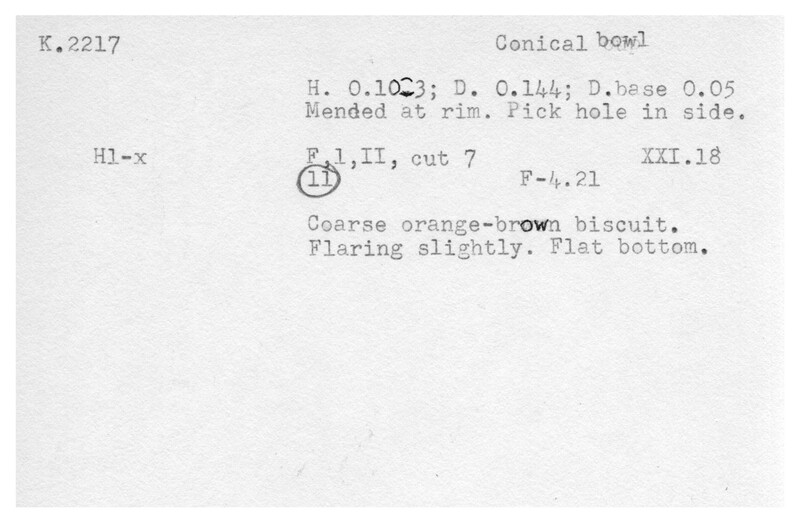 Index card with typed and handwritten information, sometimes including a sketch, of pottery from an excavation.