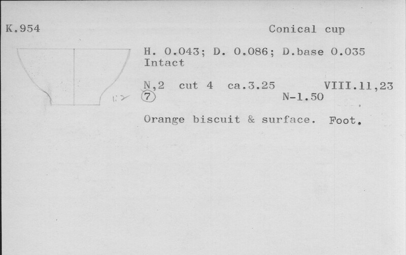 Index card with typed and handwritten information, sometimes including a sketch, of pottery from an excavation.