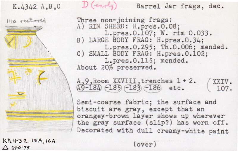 Index card with typed and handwritten information, sometimes including a sketch, of pottery from an excavation.