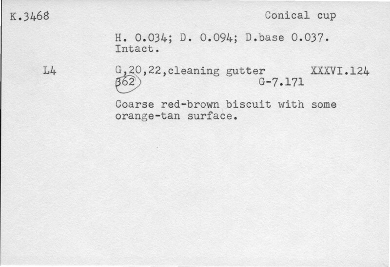 Index card with typed and handwritten information, sometimes including a sketch, of pottery from an excavation.