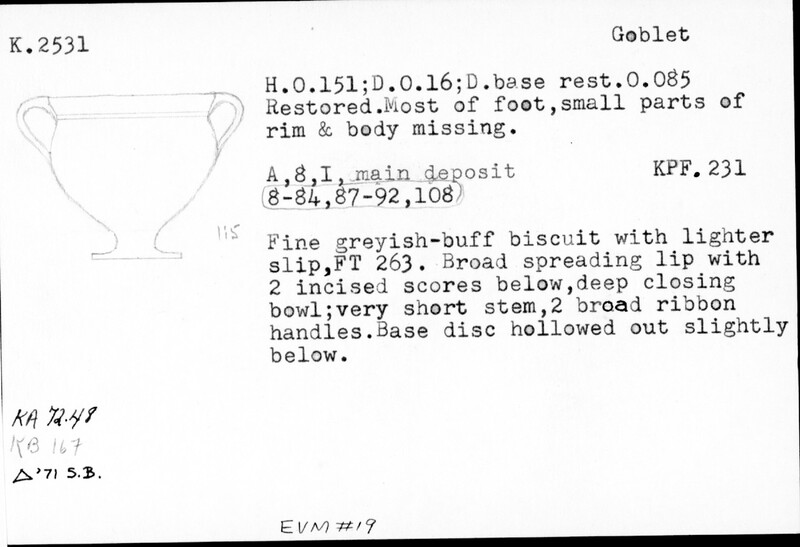 Index card with typed and handwritten information, sometimes including a sketch, of pottery from an excavation.