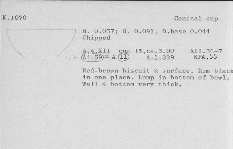 Index card with typed and handwritten information, sometimes including a sketch, of pottery from an excavation.