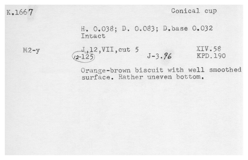Index card with typed and handwritten information, sometimes including a sketch, of pottery from an excavation.