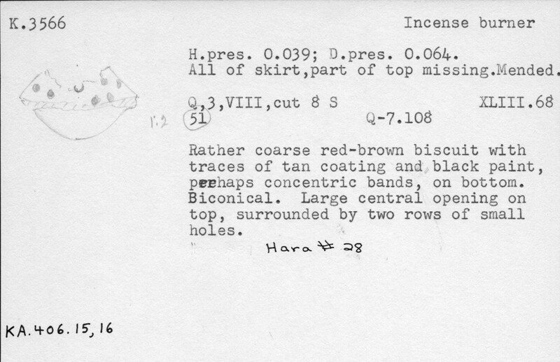 Index card with typed and handwritten information, sometimes including a sketch, of pottery from an excavation.