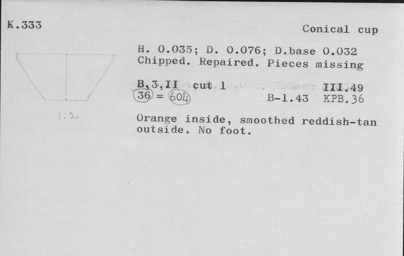 Index card with typed and handwritten information, sometimes including a sketch, of pottery from an excavation.